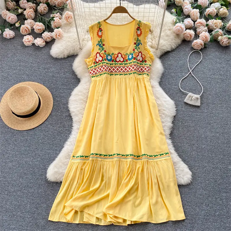 

National Style Square Collar Embroidered Sleeveless Dress Women's 2022 Summer New Loose A-Line Boho Vest Dress Long Robe h1522