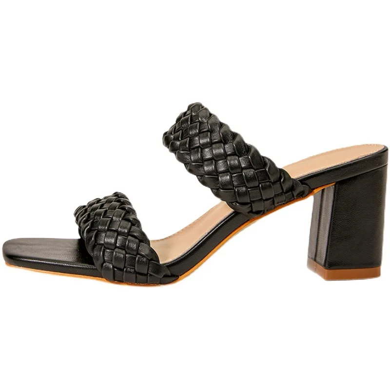 Summer Women Twist Weave Designer Slippers Casual Outdoor Thick High Heels Fashion Square Toe Ladies Slides Shoes