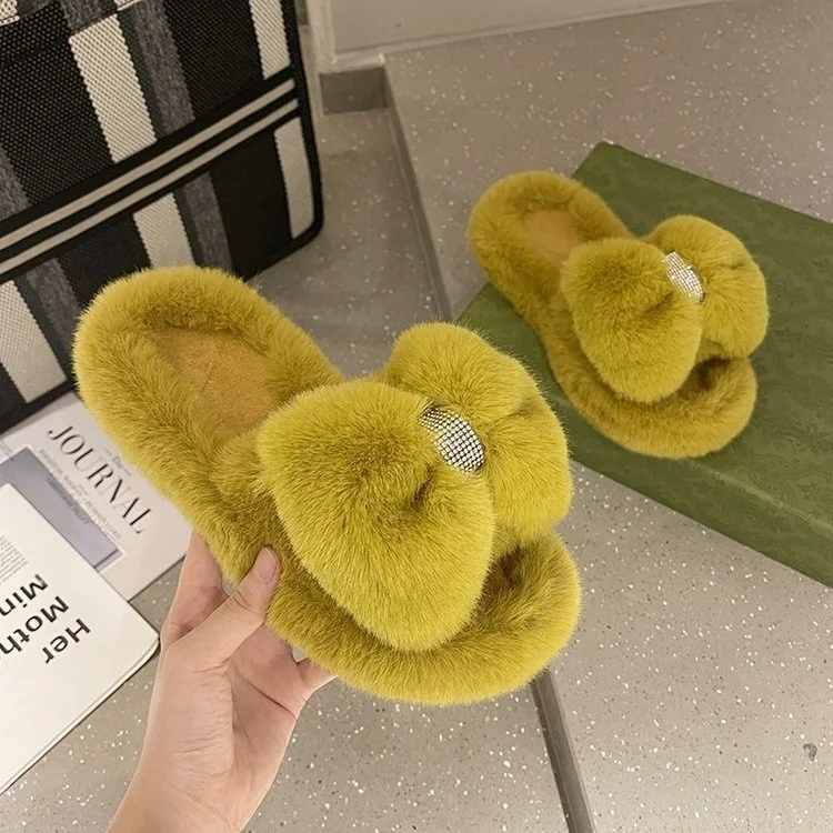 

Bow Knot Slippers for Women Comfortable Casual Flat Home Peep Toe Shoes Ladies Winter One Word Plush Slippers Zapatillas Planas