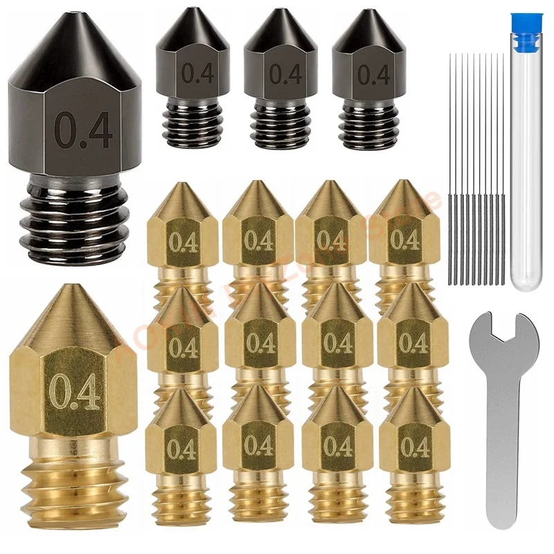 

3D Printer Hardened Steel, Brass 0.4mm MK8 Nozzles with Cleanning Needles, Wrench Kit for CR10, Ender 3 /Ender 3 V2 /Ender 3 Pro