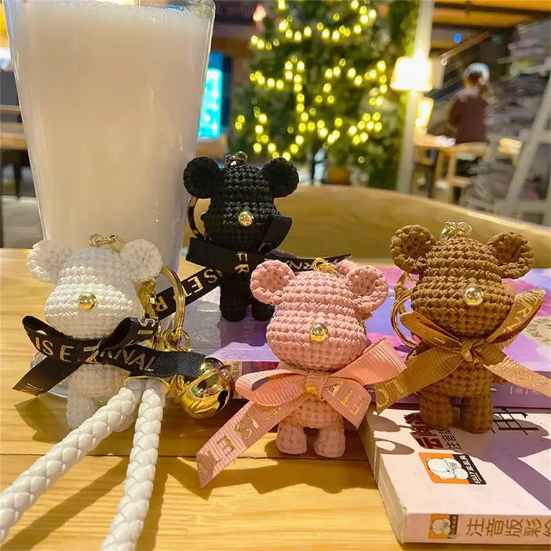 

Cartoon Bear Key Chain Resin Bow Bell Rabbit Keychain Weaving Cute Doll Bag Pendant Holiday Present Car Key Ring For Girl Gift