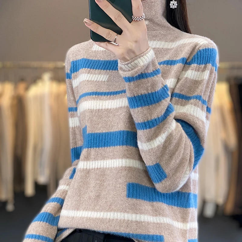 

BELIARST осень-зима 100% мериносовая шерсть свитер женская одежда с многослойным воротником полосатый контрастный вязаный пуловер Джемпер