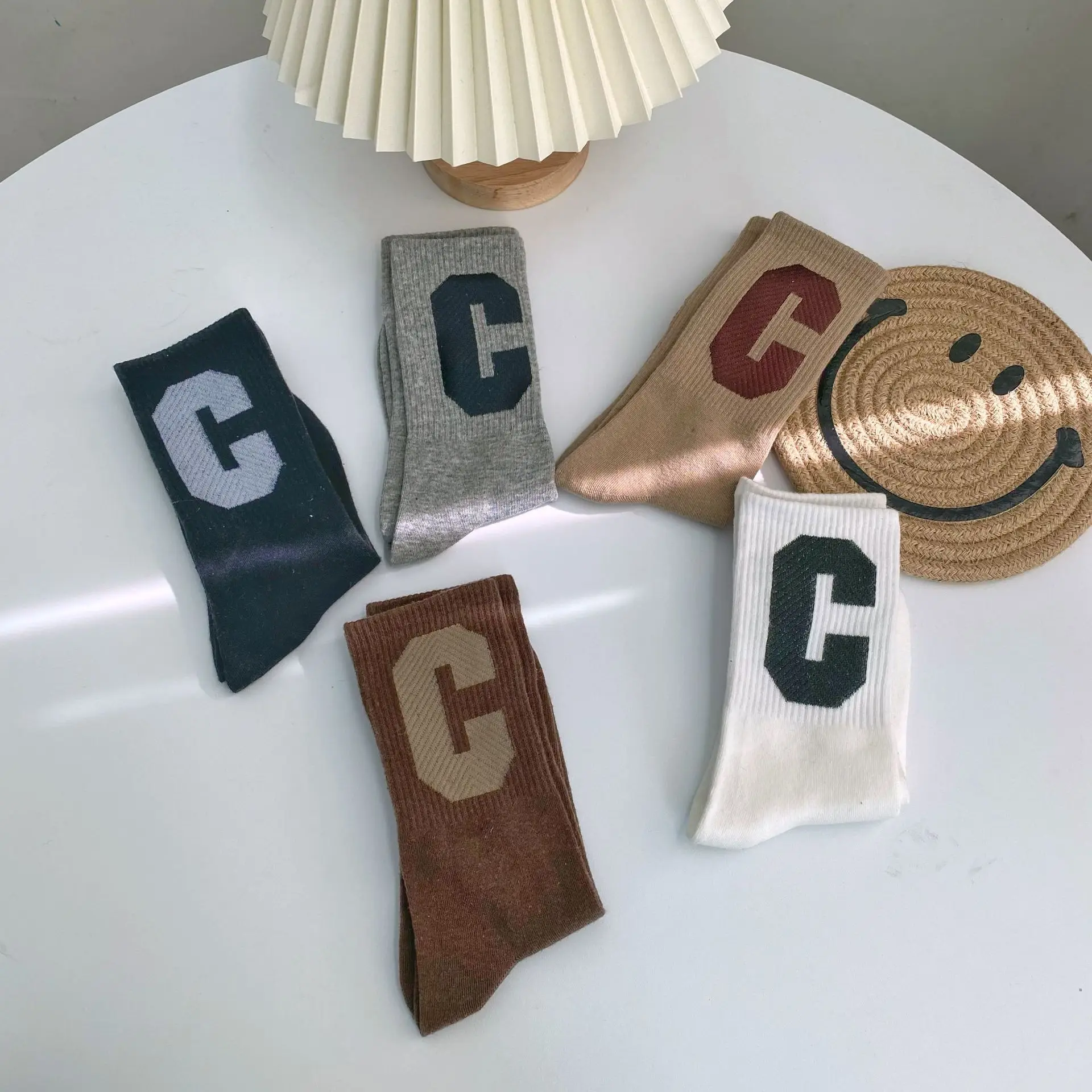 Fashion Letter C Sport Style Socks Female Casual Solid Color Black White Socks Set 5 Pairs  New Colorful Mid-Tube Socks Women