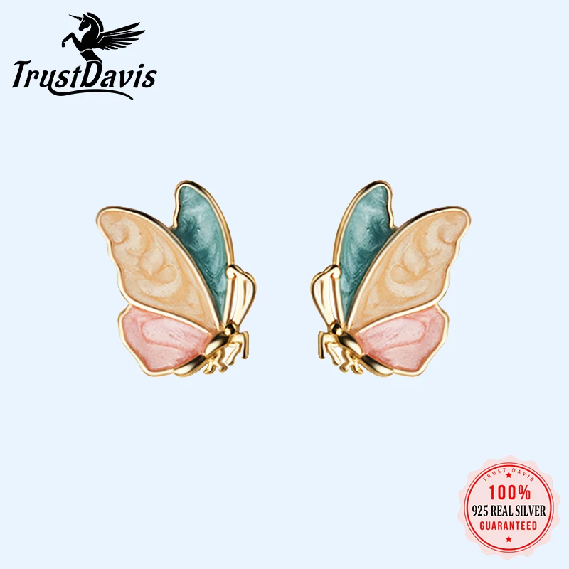 Trustadavis Real 925 Sterling Silver Fashion Sweet Color Insect Butterfly Stud Earrings For Women Wedding Party Jewelry DA289