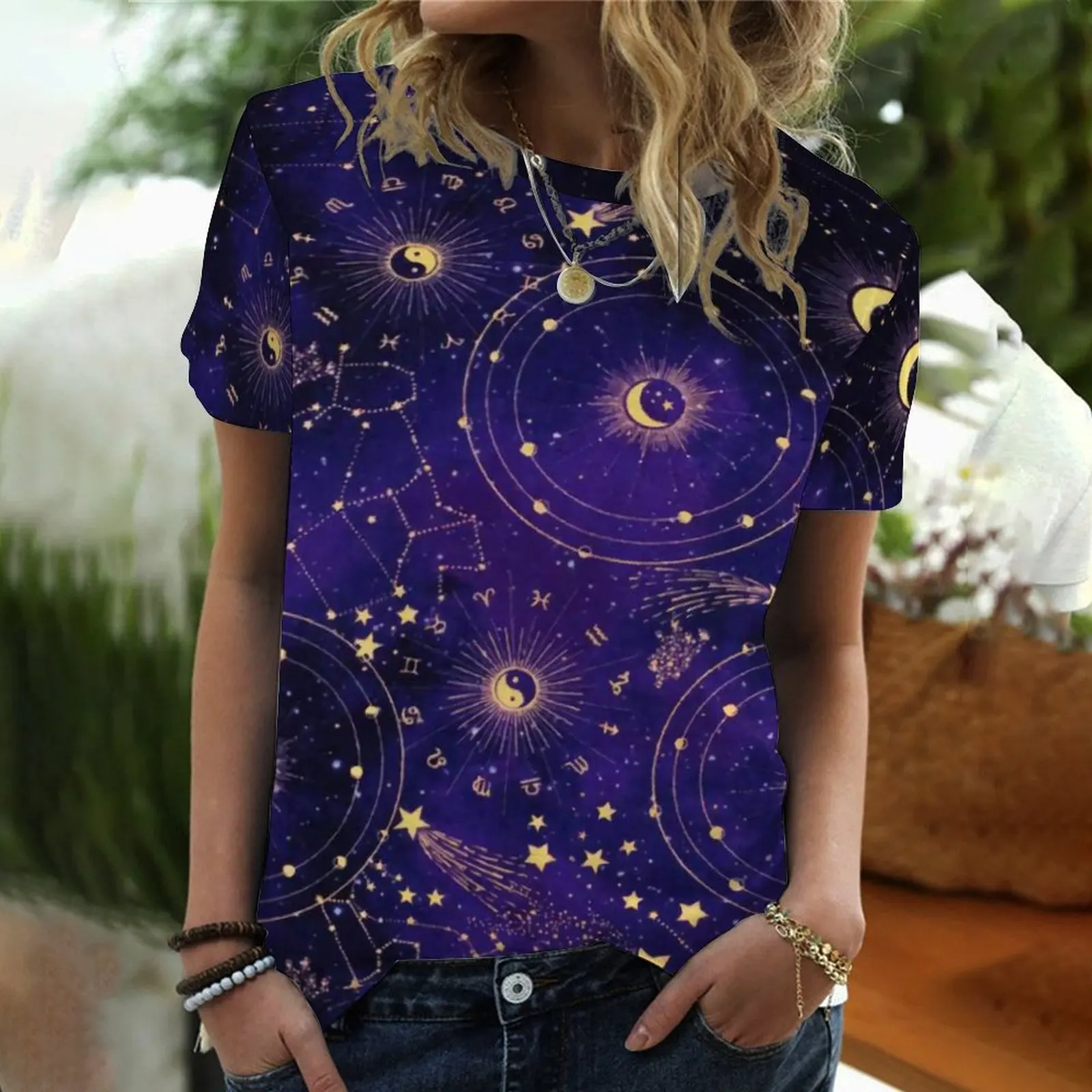 

Лето 2022, новинка, футболка с круглым вырезом и коротким рукавом, с принтом Солнца и Луны, женская одежда большого размера