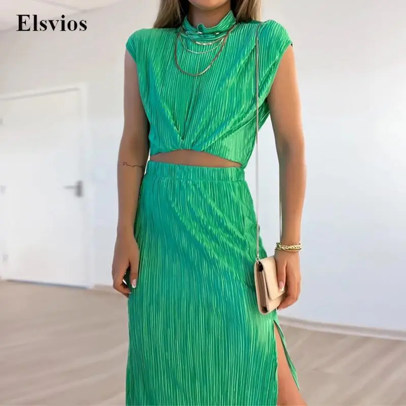 

Casual Boho Beach Chiffon Suit Women 2 Piece Set Fashion Lady Pleat Soft Thin Hollow Out Tops Pullover + Side Slit Skirt Outfits