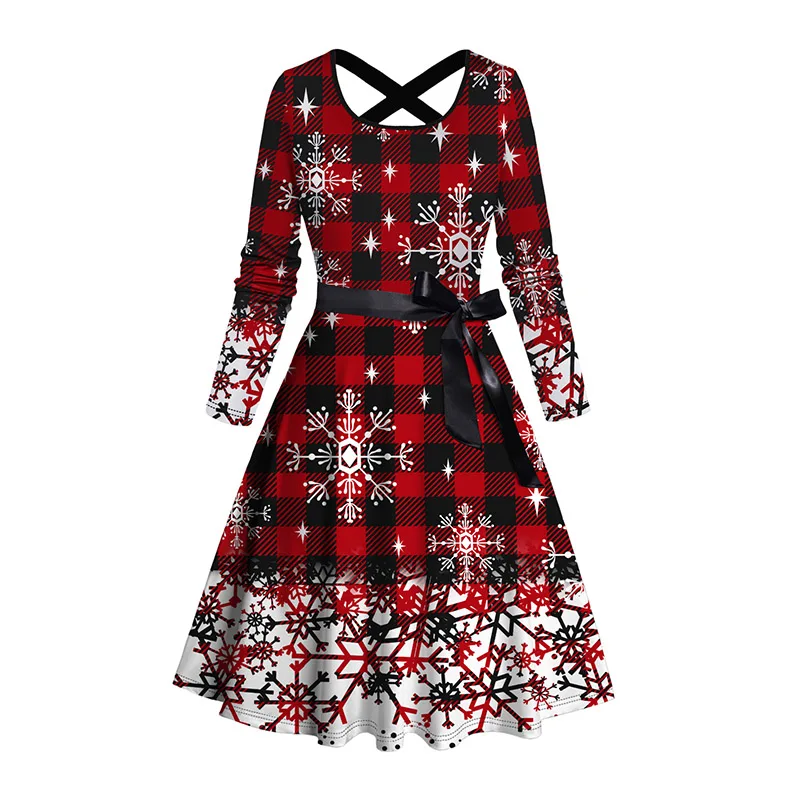 2024 женские рождественские платья клетчатое платье со снежинками и длинными