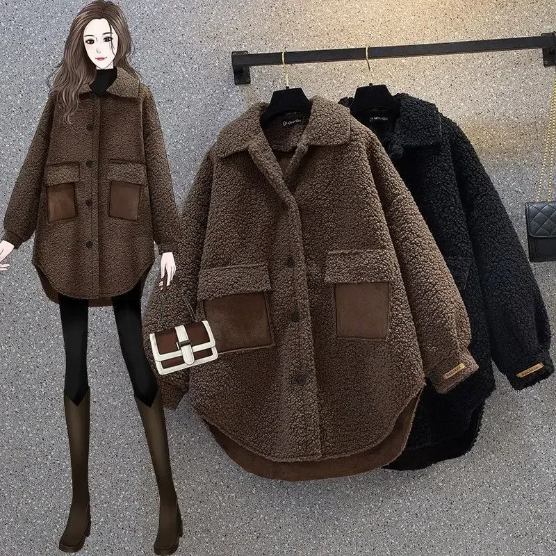 

Fashion Lamb Wool Leather Jacket for Women Elegant Lapel Thicken Warm Overcoat New Chic Suede Short Coat Lambskin Outwear