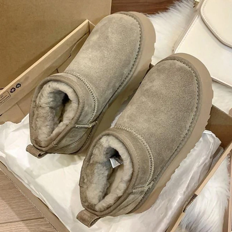 

New Winter Slip on Women Warmth Suede Matte Leather Plush Snow Boots Height Increasing Shoes Woman Lady Flat Bottine Boot Shoes