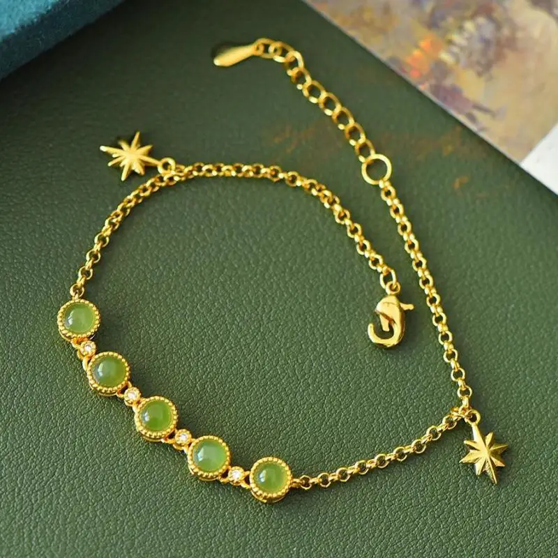 

Natural Green Jade Bracelet Star Charm Bangle Women Healing Gemstone Fine Jewelry Genuine Hetian Jades Nephrite Copper Bracelets
