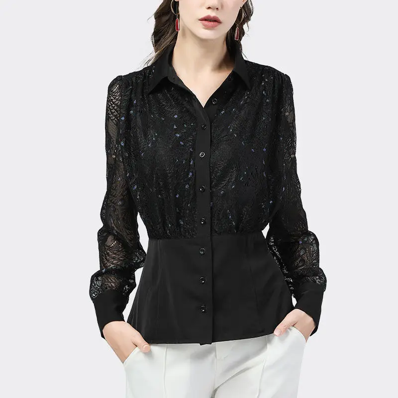 

Кружевная рубашка, женская рубашка-поло с длинными рукавами, ажурная куртка, приталенная рубашка с прострочкой на талии, осень 2022, однотонна...