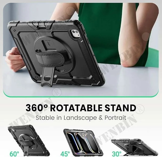Фото Чехол для iPad Pro 11 M4 M5 2024 2025, прочный, с вращающейся ударопрочной подставкой, ремешком для руки и плечевым ремнем, черный чехол. №3