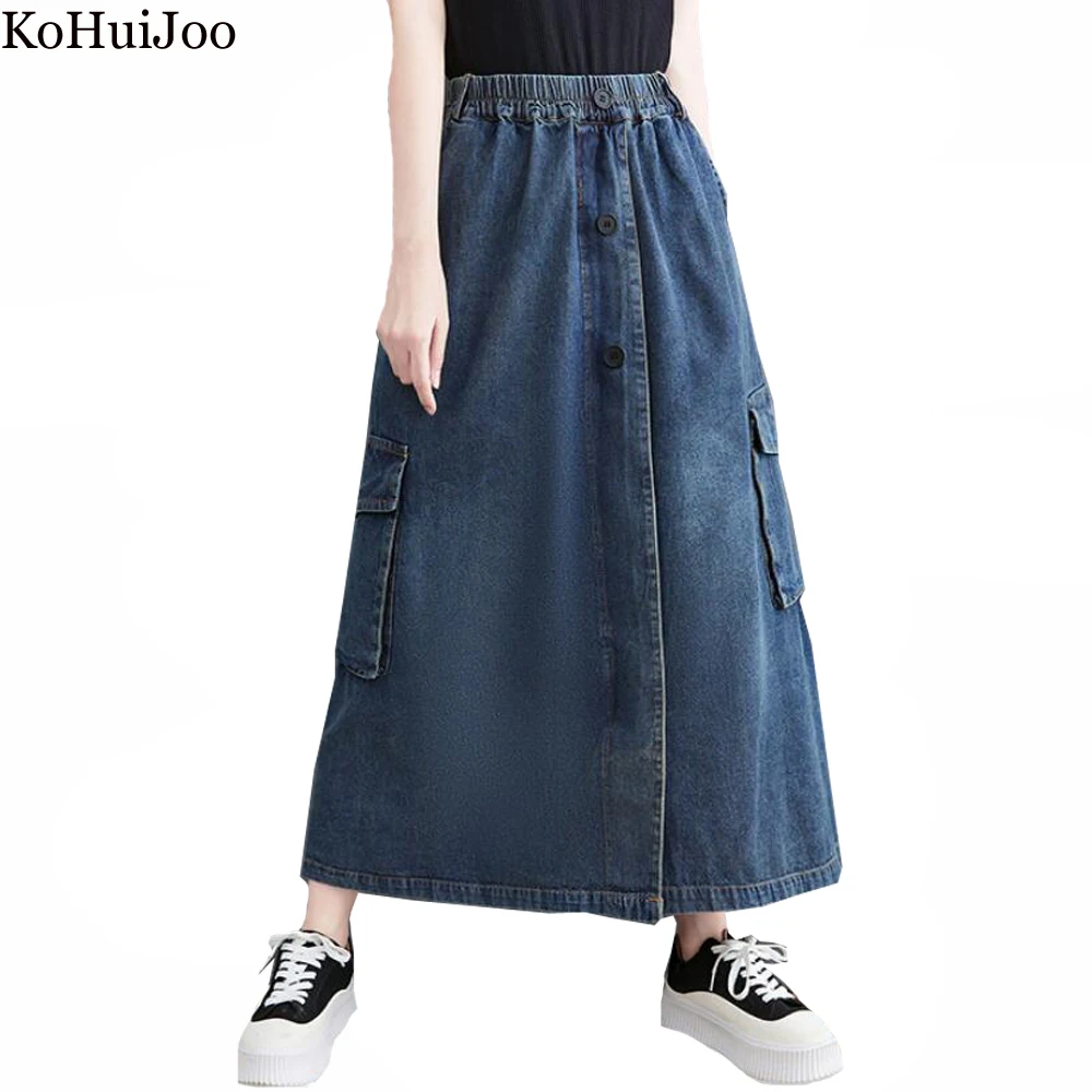 

KoHuiJoo 2022 Spring New Denim Skirt Women Fashion Casual Retro Distress Skirt Woman Long Elastic Waist Loose Pocket Jean Skirts