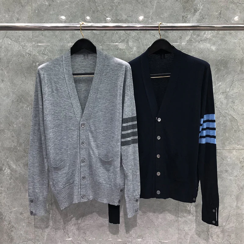 TB BROWIN Men Wool Cardigan V-Neck Slim Knitted Long Sleeve Sweater Autumn Winter Couple Wear tb Striped Korean High Quality