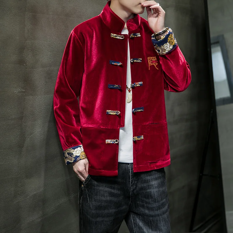 

Dress Chinese Traditional Corduroy Embroidery Tang Suit Men Clothing National Style Plus Size Long Sleeve Jacket Harajuku Coat