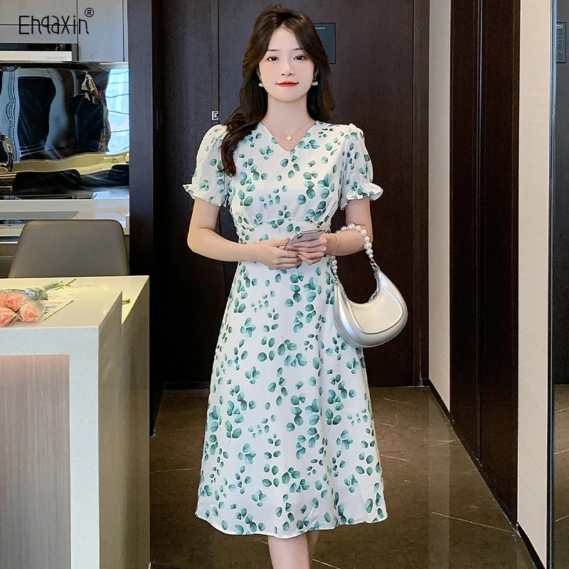 

Летнее женское платье EHQAXIN, мода 2023, Новое шифоновое платье с V-образным вырезом и зеленым принтом, милое корейское ТРАПЕЦИЕВИДНОЕ ПЛАТЬЕ с бусинами и коротким рукавом, женское платье