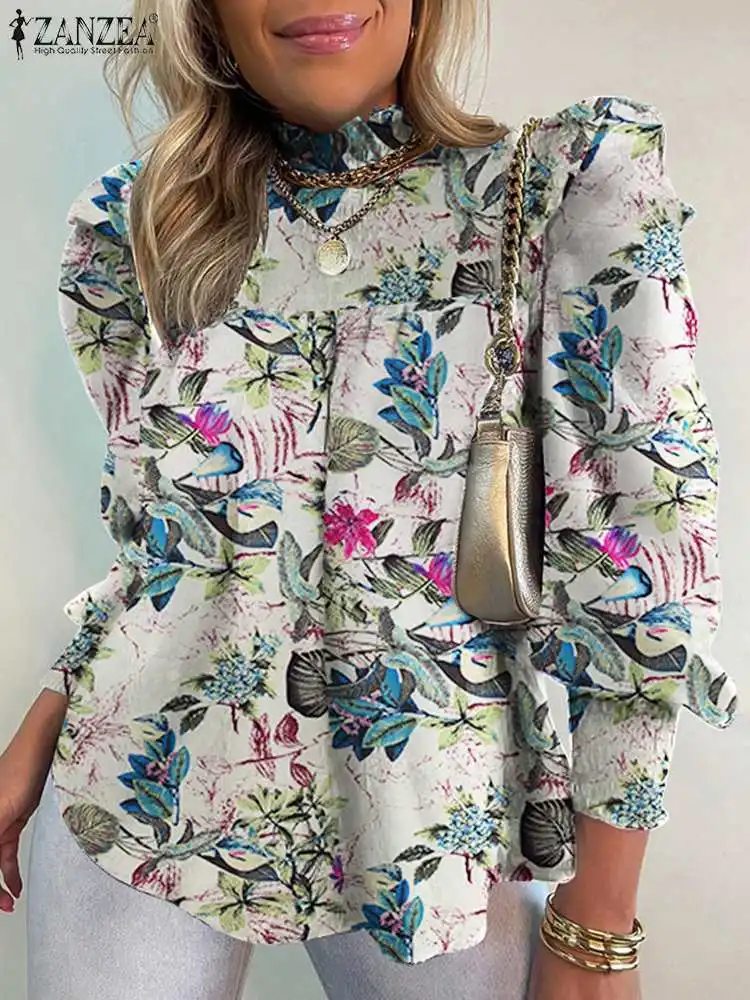 

Блузка ZANZEA женская с цветочным принтом, модная рубашка из хлопка и льна с длинными рукавами-фонариками, с воротником-стойкой, в винтажном ст...