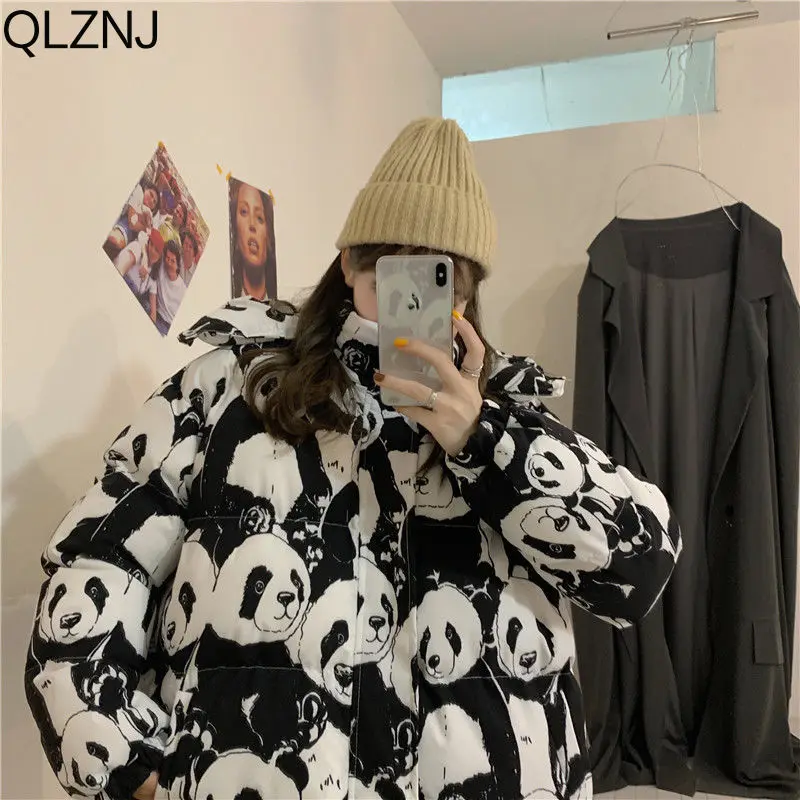Winter Cotton Padded Clothes Women Hooded Short Parkas Ladies Cartoon Panda Print Bubble Coat Harajuku Long Sleeve Puffer Jacket