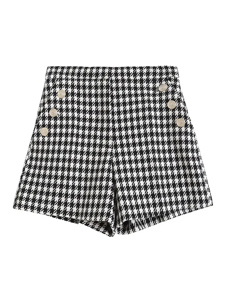 

2022 Women New Chic Fashion Houndstooth Casual shorts Vintage High Waist Side Pockets Female Short Pants Pantalones Mujer
