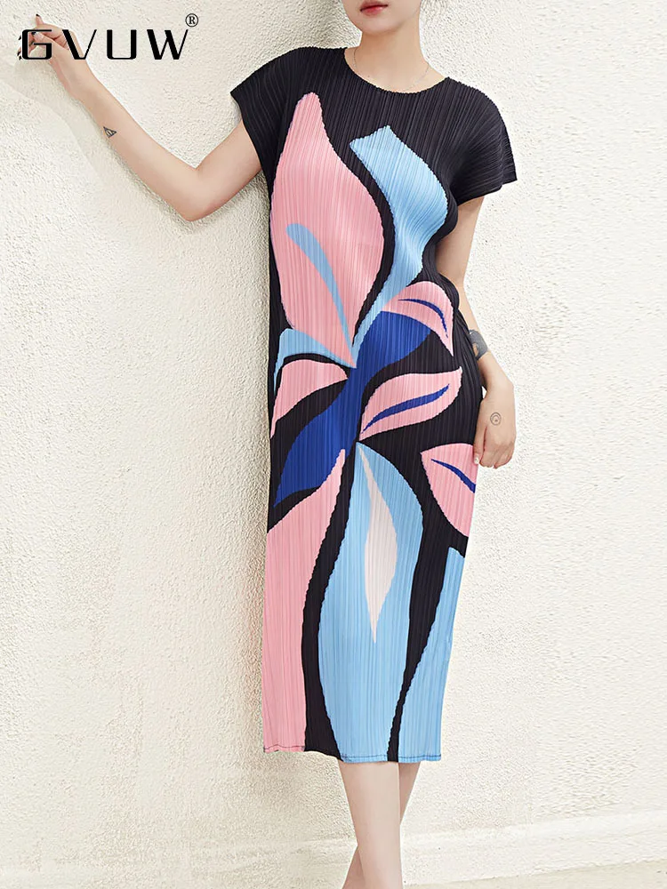 

Женское плиссированное платье GVUW, свободная летняя одежда контрастных цветов с круглым вырезом и коротким рукавом, 17J1508, 2023