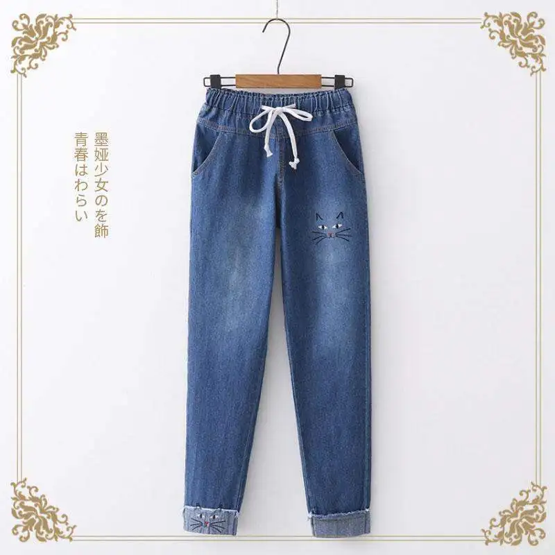 Женские джинсы с вышивкой кошки темно-светильник ние эластичные брюки из денима