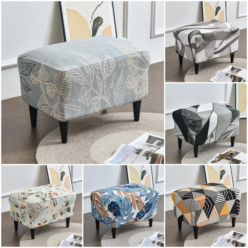 

Leaves Print Ottoman Cover Stretch Spandex Rectangle Foot Stool Covers Elastic Removable Footstool Slipcover Furniture Protector