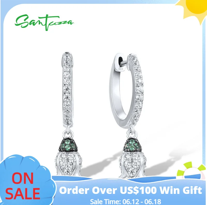 

SANTUZZA Genuine 925 Sterling Silver Loop Earrings For Women Sparkling White CZ Green Spinel Flower Cute Pierce Fine Jewelry