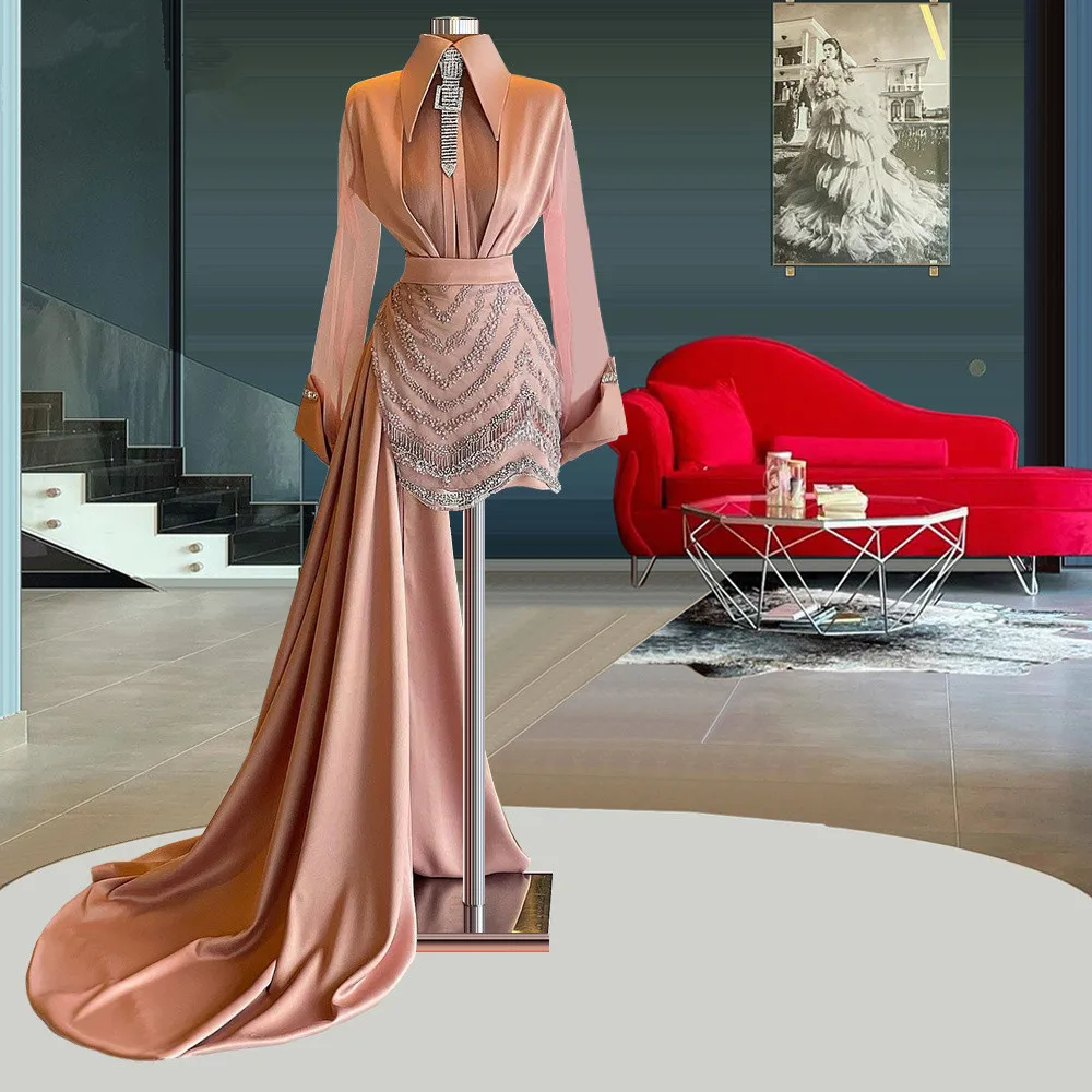 

Luxury Prom Dresses Sheath Long Sleeves Beaded Champagne Dubai Saudi Arabia Prom Gown Evening Dress Robe De Soiree
