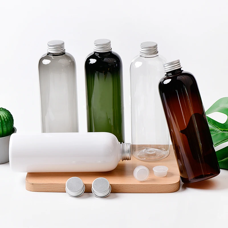 

500ML Brown Green Empty Shampoo Lotion Cosmetics PET Plastic Bottle With Screw Aluminium Lid Liquid Soap Cosmetics Containers