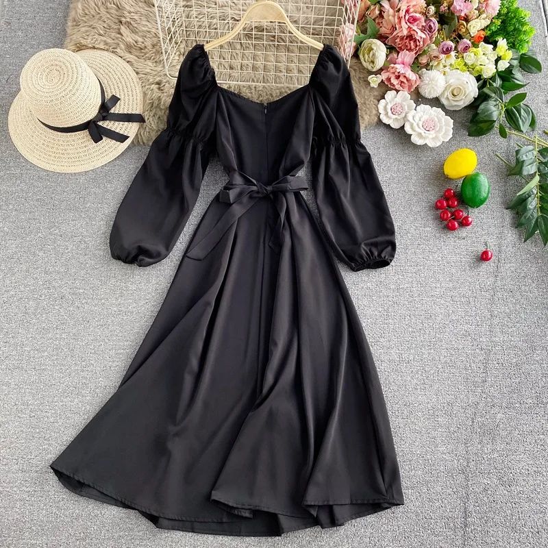 

Женское осеннее платье с квадратным вырезом, цветочный рукав-фонарик