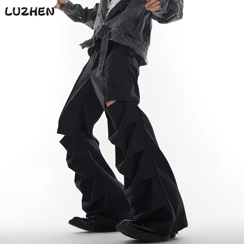 

LUZHEN Trend Men Pleated Casual Suit Pant Hollow Out Niche Design Flared Wide Leg Pant Fashion Male Versatile Baggytrouse F04512
