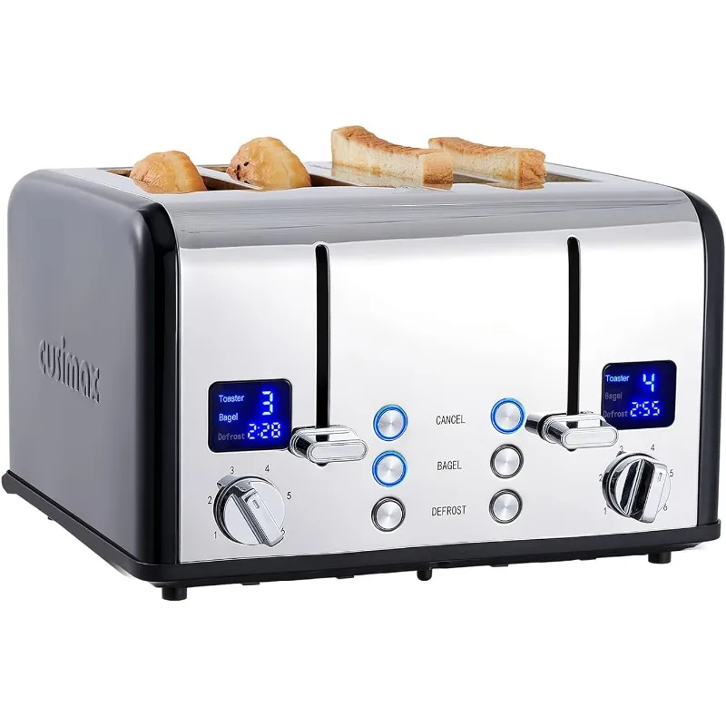 

Stainless Steel, Ultra-Clear LED Display & Extra Wide Slots, with Dual Control Panels of 6 Shade Settings, Cancel/Bagel/Defrost