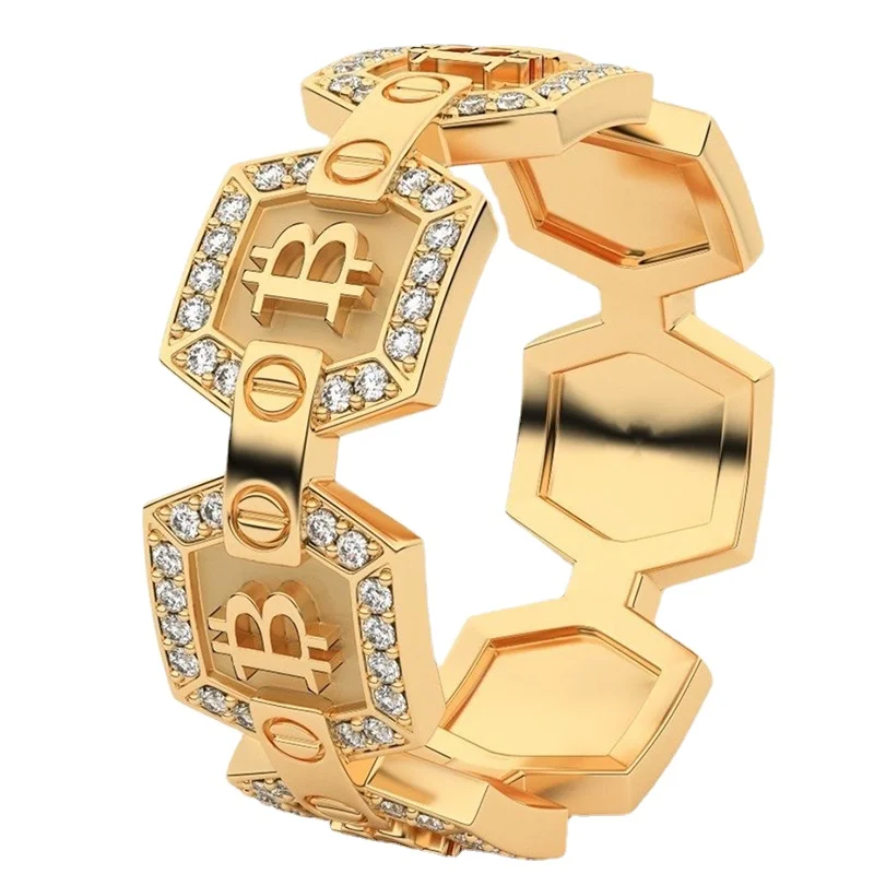 

New Creative Trendy Gold Full Circle Letter B Rings For Men And Women White CZ Stone Inlay Punk Fashion Jewelry Party Gift Ring