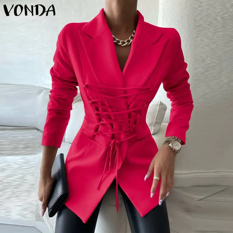 

OL Jackets 2022 VONDA Women Bandage Pleated Suits Blazer Long Sleeve Solid Coats Veste Stylish Elegant Y2K Outerwears