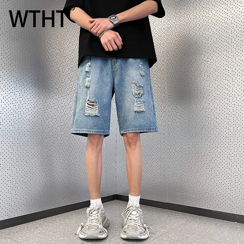Фото WTHT модные мужские прямые джинсовые шорты с градиентными отверстиями, модные повседневные свободные короткие брюки с высокой талией, мужские летние 2A0227 №1