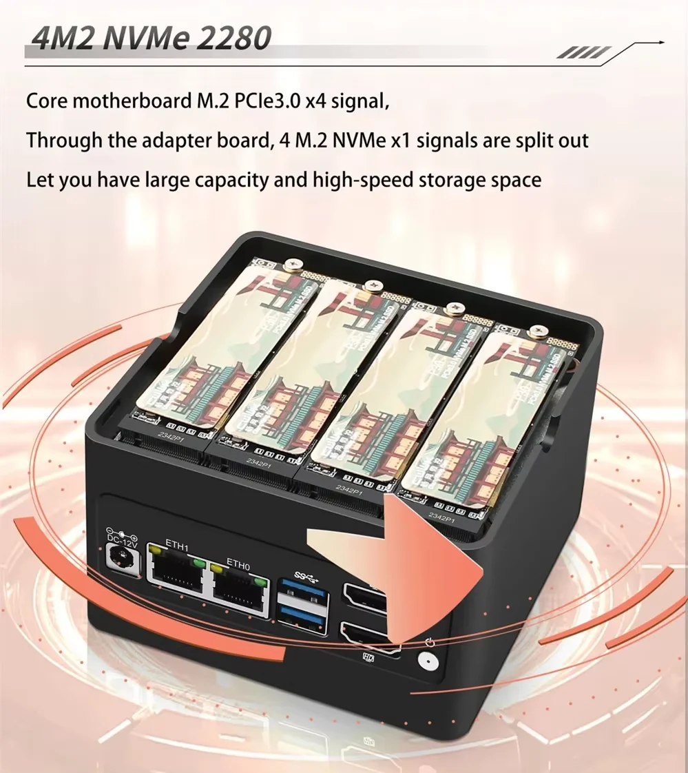 Фото Topton 6-дисковый карманный NAS-сервер Intel i3 N305 N100 N150, мини-ПК с функцией фаервола, 2x2.5G LAN, 4xM.2 NVMe, 2xSATA3.0, DDR5, 2xUSB3.2, 2xHDMI2.0 №3