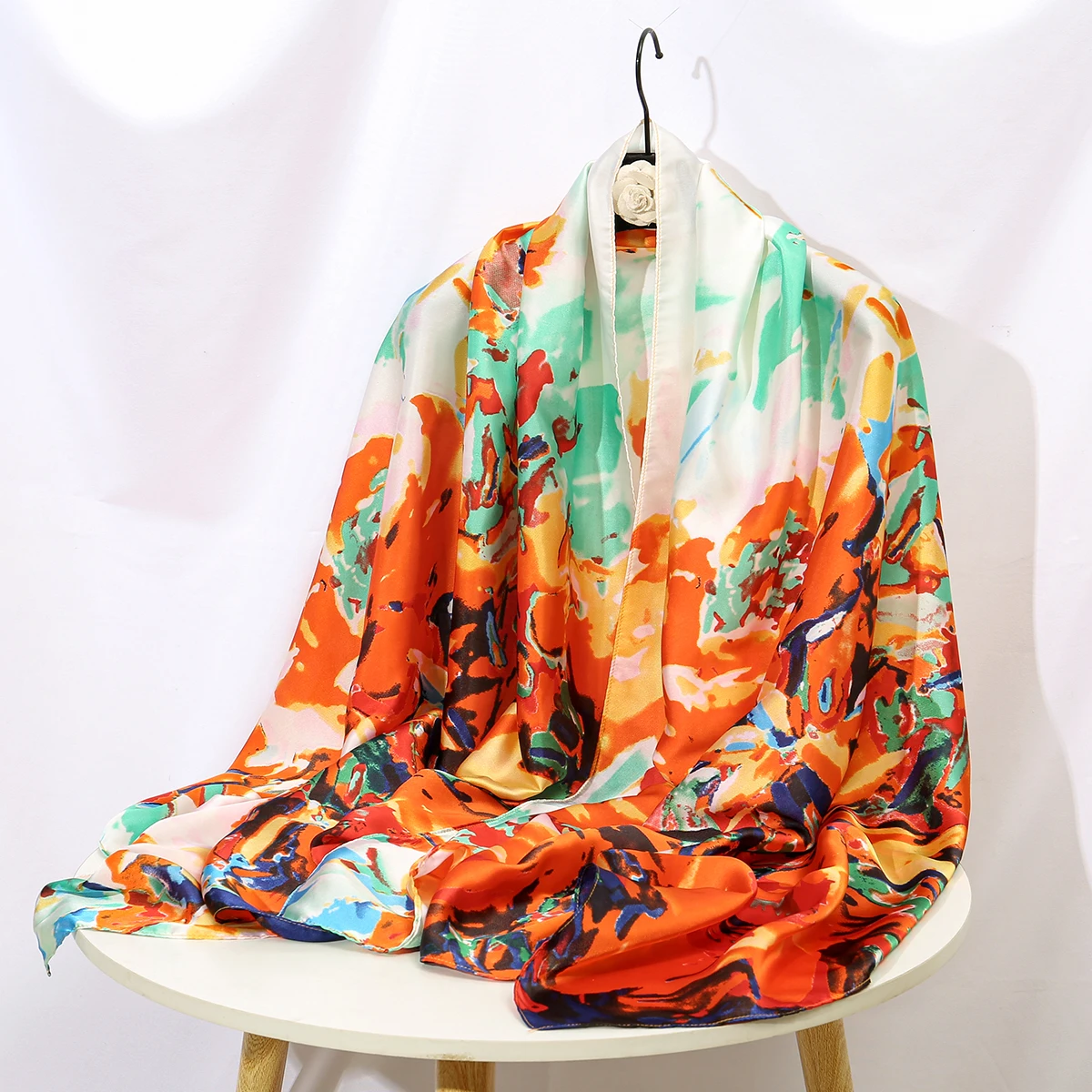 Шелковые женские шарфы с цветочным принтом Длинная атласная шаль для женщин