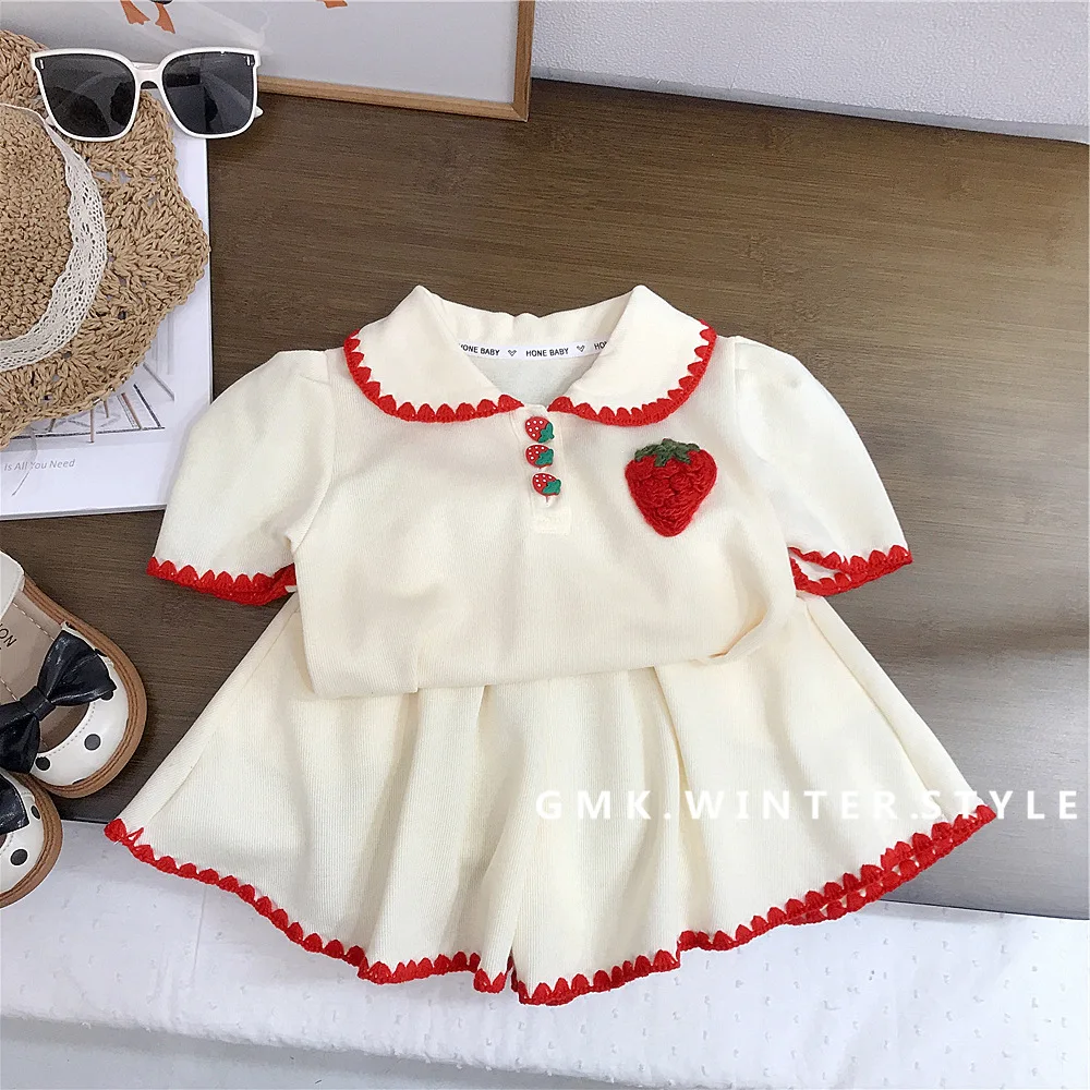 

Summer Kid Girl Knitted Strawberry Fashion T-shirt Set Baby Brief Casual Short Sleeve Tops+Shorts 2pcs Children Cotton Tees Suit