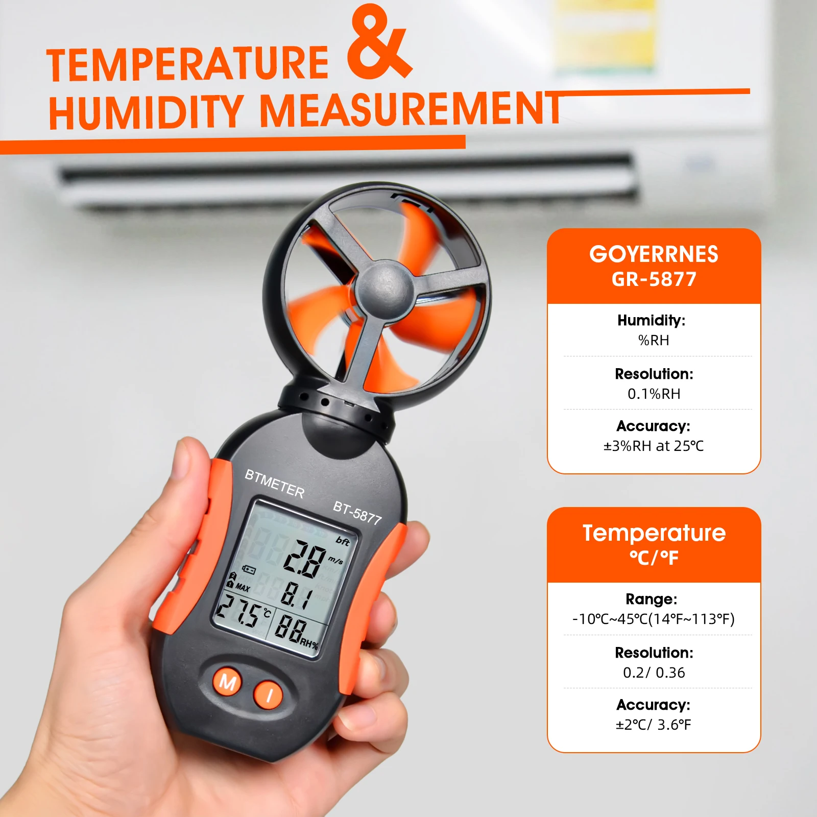 Фото Портативный цифровой анемометр BTMETER, BT-5877 оранжевая листва ветра, диапазон обнаружения скорости Mph 1 ~ 65, для метеорологического мониторинга №2