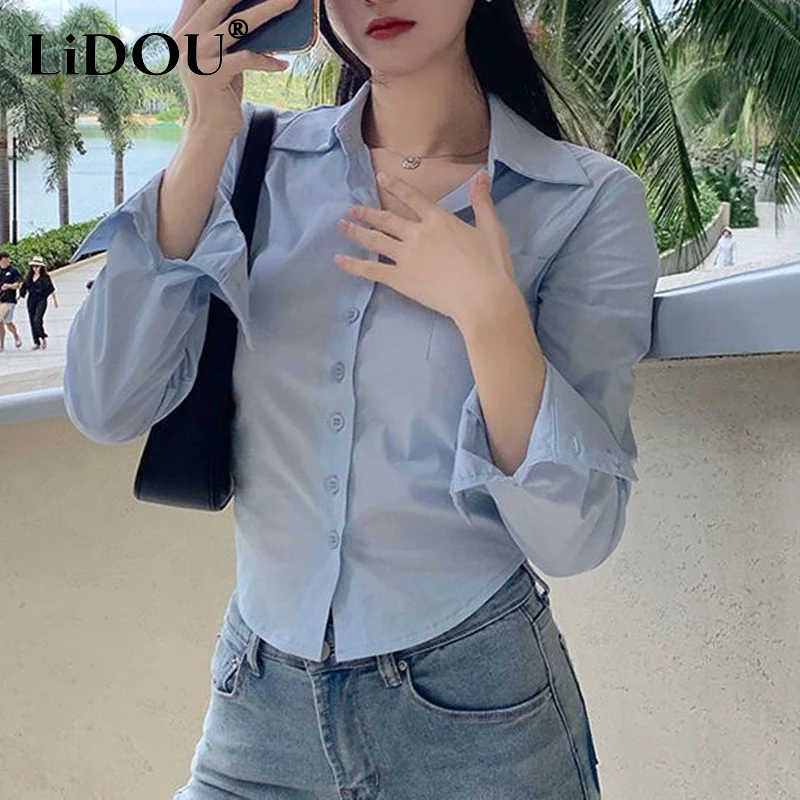 

Solid Color POLO Collar Long Sleeve Pocket Tops Women Slim Casual Fashion Single Breasted Shirt 2023 Summer New Women's Clothing