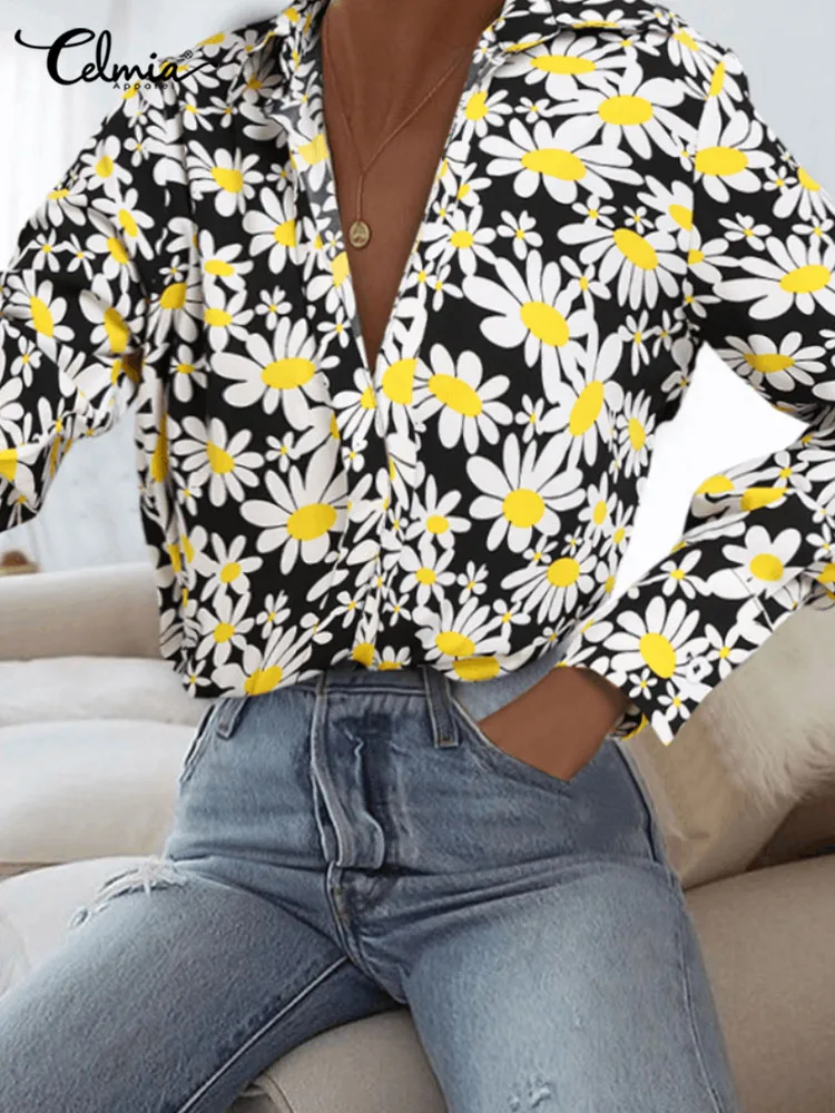 

Celmia Fashion Women Tunic Tops Casual Lapel Collar Oversized Long Sleeve Blouses Daily Flower Printing Versatile Shirts