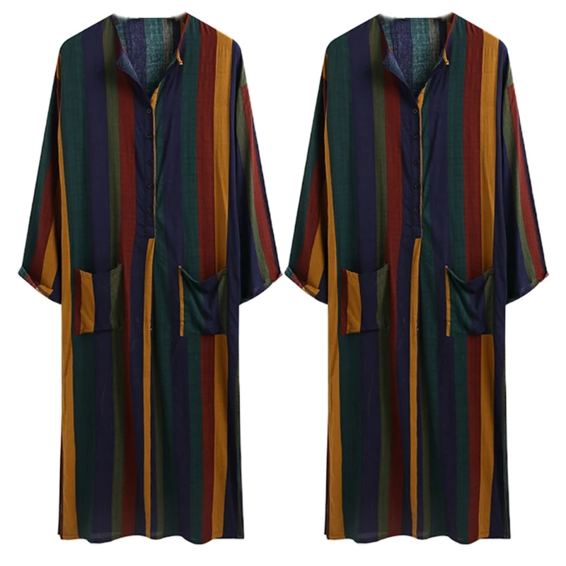 

O Neck Muslim Arabic Islamic Clothing Striped Robe for Men Breathable Clothing