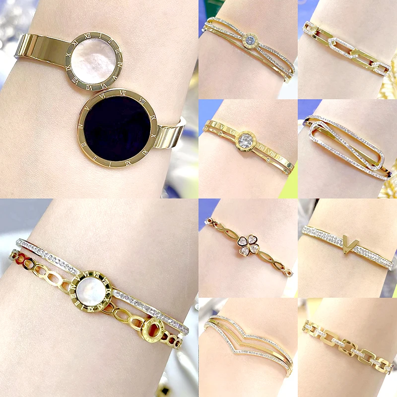 

316L Stainless Steel Bangle Roman Numerals Charms Sparkling Crystal Paved Infinity Design Unisex Wristband
