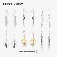 lost lady white imitate quartz crystal earring crescent moon gothic occult boho crown accessories jewelry long drop earrings
