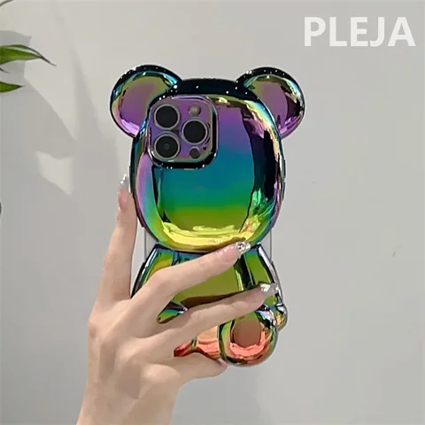 Модный крутой лазерный 3D чехол в форме медведя для телефона iPhone 15 14 11 12 13 Pro Max, силиконовые ударопрочные Чехлы, милый мультяшный чехол
