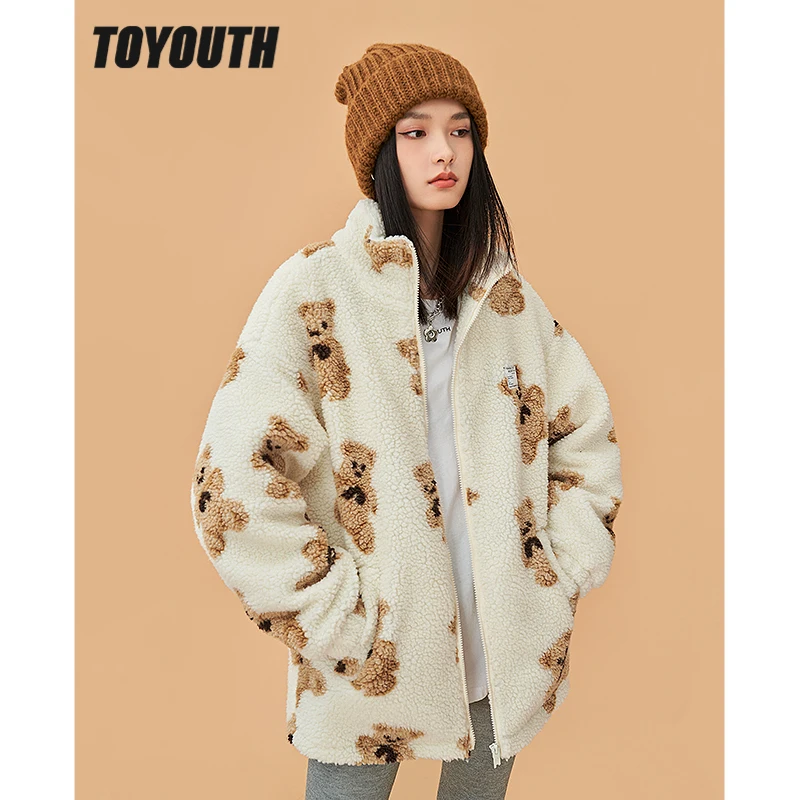 

Toyouth Women Fleece Thick Coat 2022 Winter Long Sleeve Stand Collar Loose Jacket Brown Bear Print Warm Casual Outwear Tops