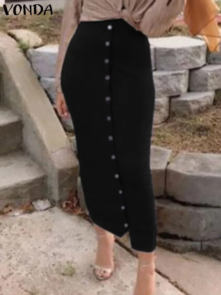 

VONDA Women Elegant Office Skirts 2023 Autumn Long Skirt Sexy High Waist Solid Color Party Skirts Casual Fashion Bottoms Femme