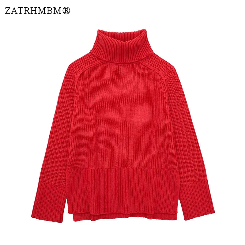 

ZATRHMBM Women 2023 Autumn New Fashion Red Turtleneck Knitted Sweater Vintage Long Sleeves Side Slit Female Pullover Chic Top