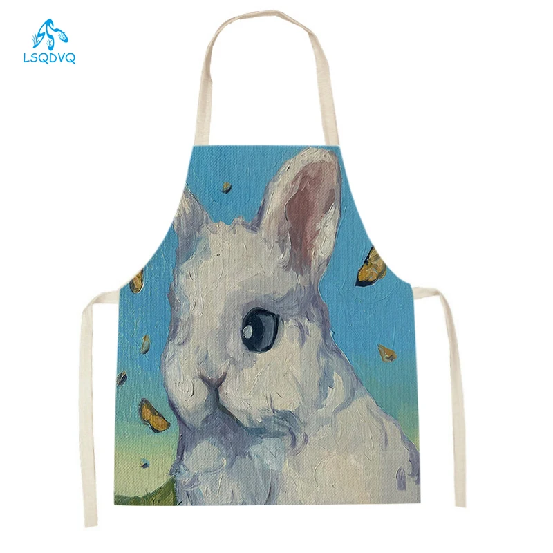 

Retro Flower Rabbit Beauty Printed Linen Kitchen Aprons Women Men Home Cooking Baking Sleeveless Pinafore Cleaning Waist Bibs