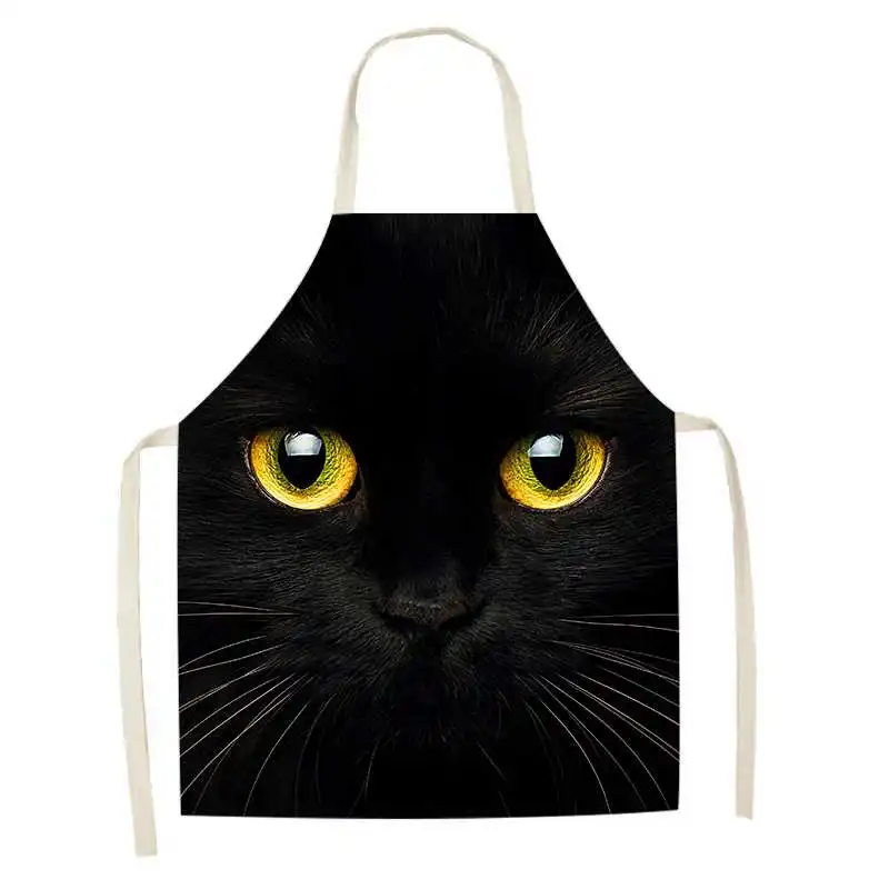 1Pcs Cute Cat Print Kitchen Apron Black Cat Sleeveless Linen Home Cleaning Baking Cooking Accessories Stain Resistant Apron Bib